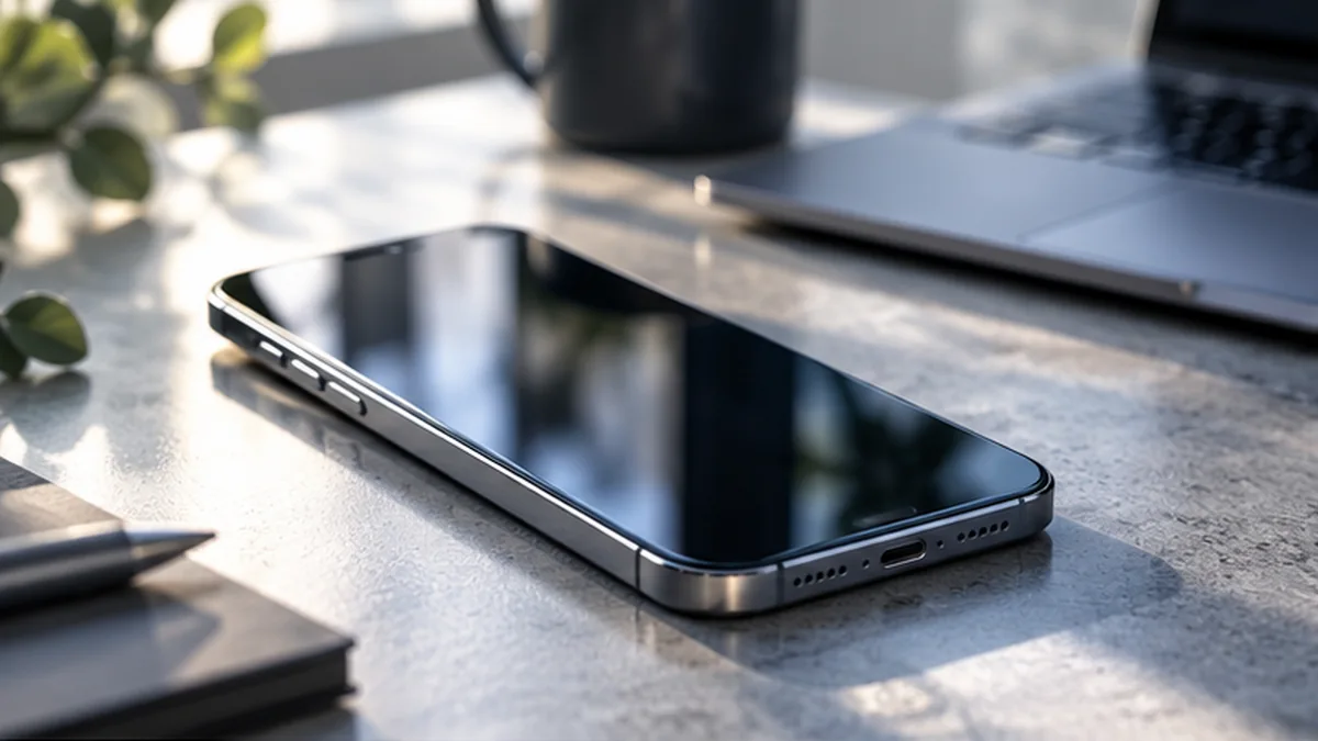 Smartphone auf einem Schreibtisch, redaktionelles Themenfoto